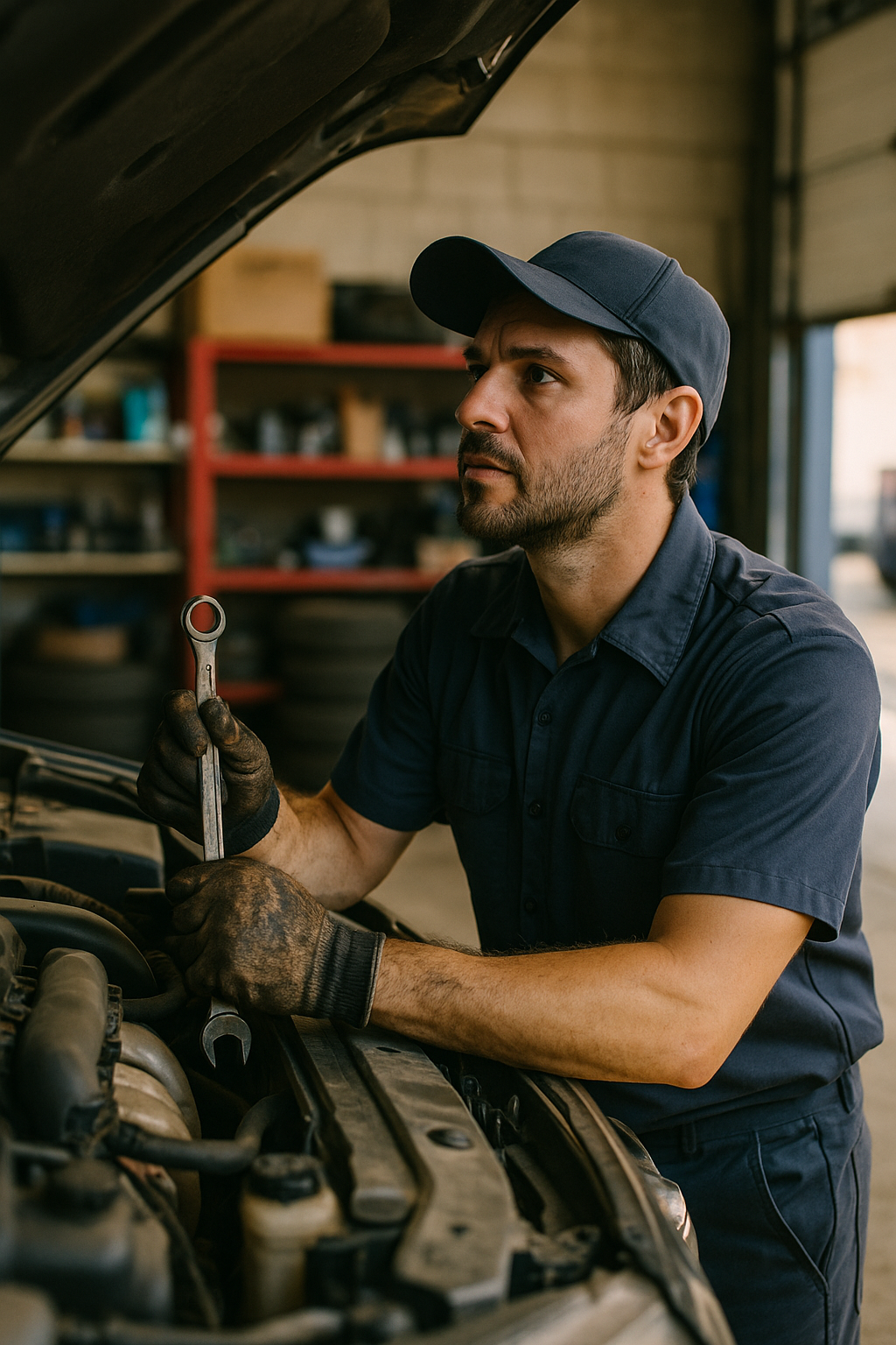 Mechanic inspecting brakes, tyres or suspension components